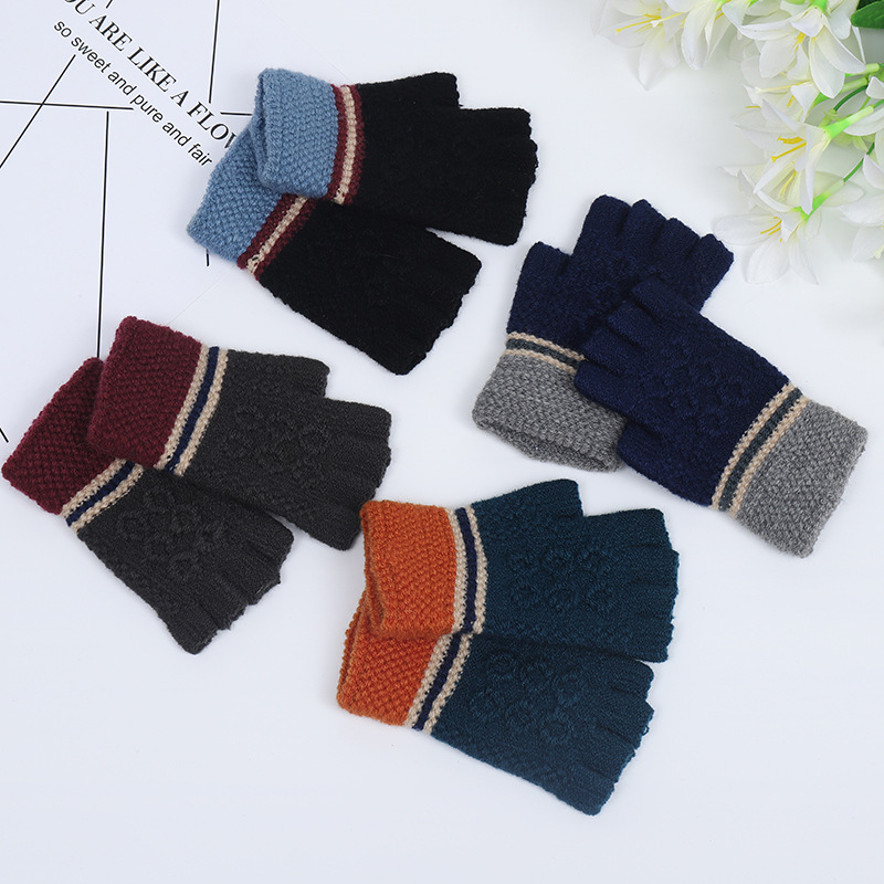 New Thickened Korean Style Men&#039;s Gloves Warm Half Finger Knitted Student Gloves Fashion Simple Cycling Knitting Wool Gloves