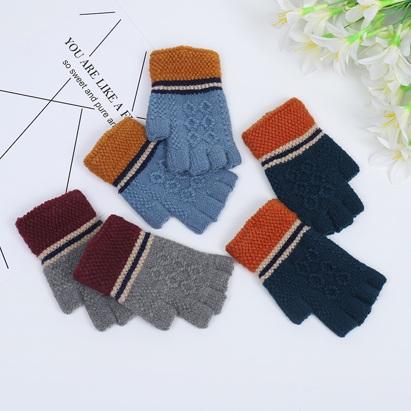 New Thickened Korean Style Men&#039;s Gloves Warm Half Finger Knitted Student Gloves Fashion Simple Cycling Knitting Wool Gloves