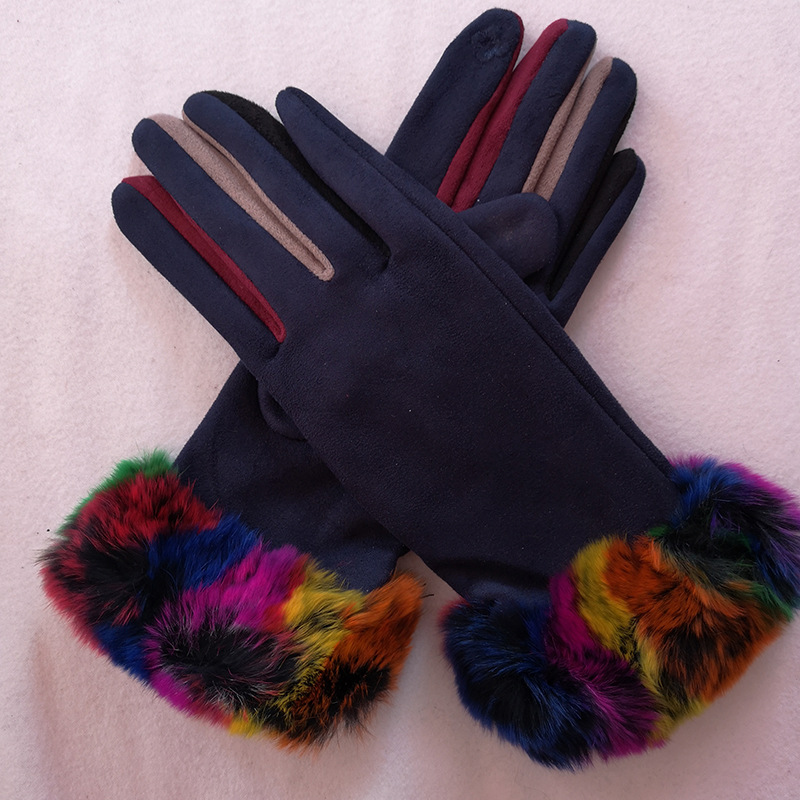 Women&#039;s Autumn and Winter Touch Screen Fur Gloves Fleece Thick Windproof Coldproof Warm Gloves Rabbit Hair Riding Gloves