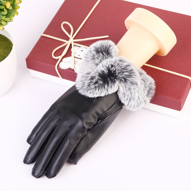 Winter Women&#039;s Fur Gloves Imitation Rex Rabbit PU Leather Gloves Driving Warm Velvet Padded Thickened Touch Screen Women&#039;s Gloves