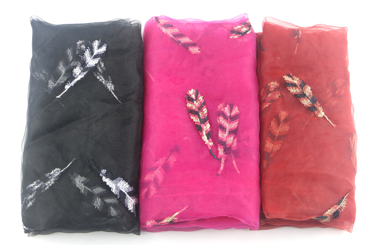 New Summer Yarn Scarf Feather Embroidered Sunscreen Shawl Organza All-Match Scarf Muslim Kerchief Women