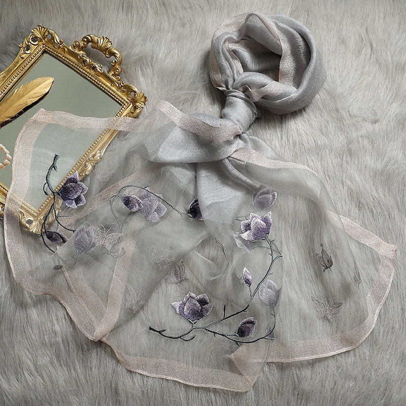 2021 New Silk Wool Embroidered Scarf Women&#039;s Silk Wool Embroidered Mulberry Silk Scarf Sunscreen Shawl Women&#039;s Wholesale