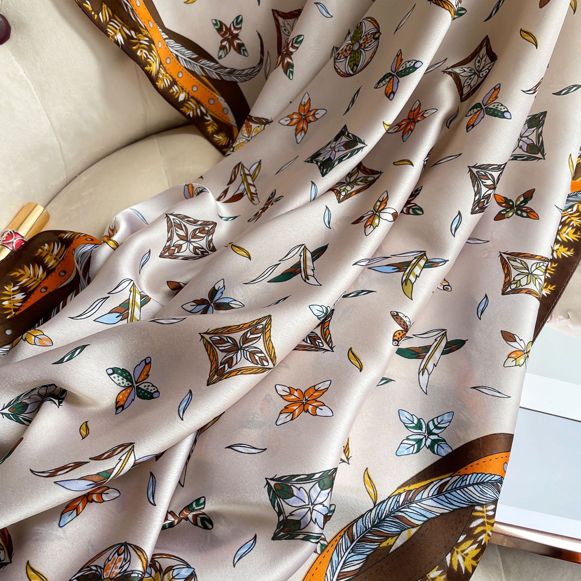 New Korean Style Spring and Summer Geometric Printed Scarf Female 90cm Scarf Sunscreen Shawl Decorative Beach Towel Factory Wholesale