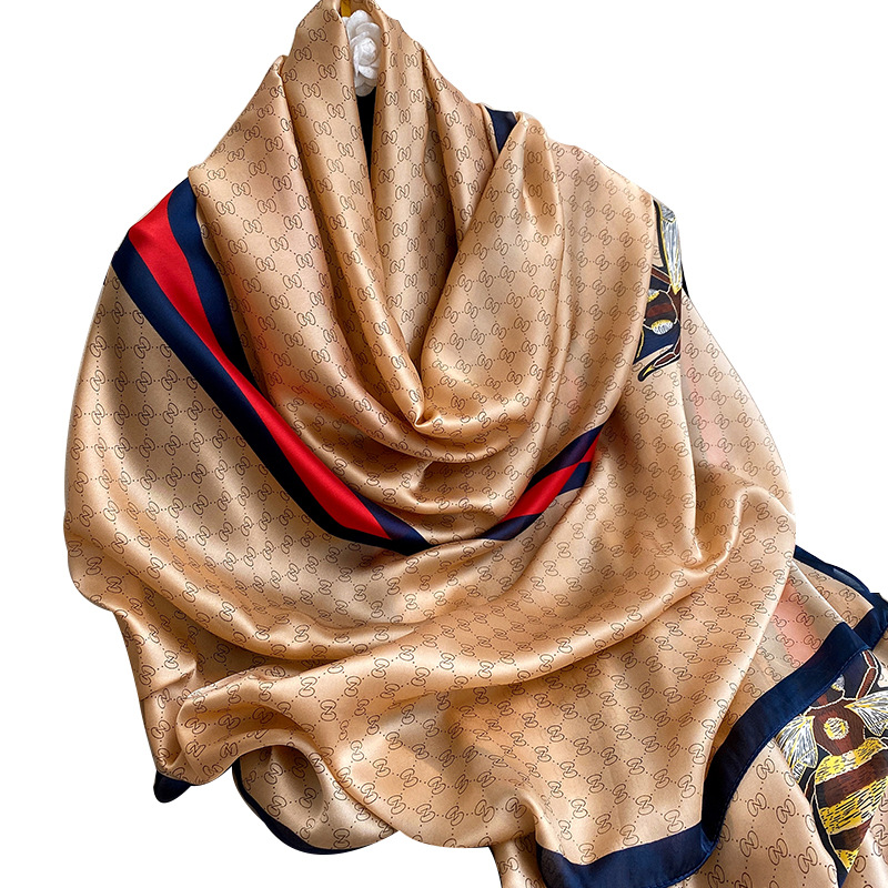 Live Broadcast Internet Celebrity New Satin Scarf New Silk Satin Printed Emulation Silk Scarf Women&#039;s Letter Sunscreen Shawl Direct Sales