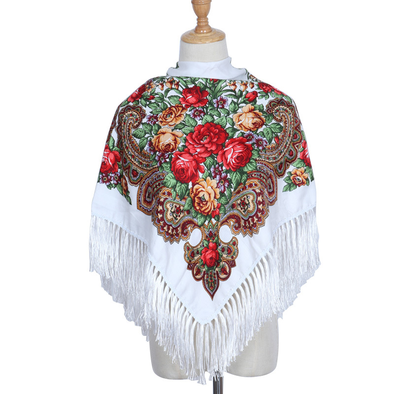 Scarf Women&#039;s Vintage Scarf Four-Side Tassel Xinjiang Printed Shawl Foreign Trade Flower Small Square Towel Ethnic Scarf