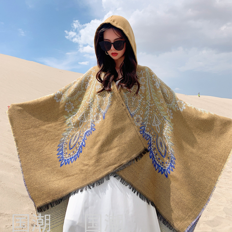 2021 Autumn and Winter Outerwear Hooded Scarf Ethnic Style Cashmere Knitted Coat Travel Photography Cloak Talma Female