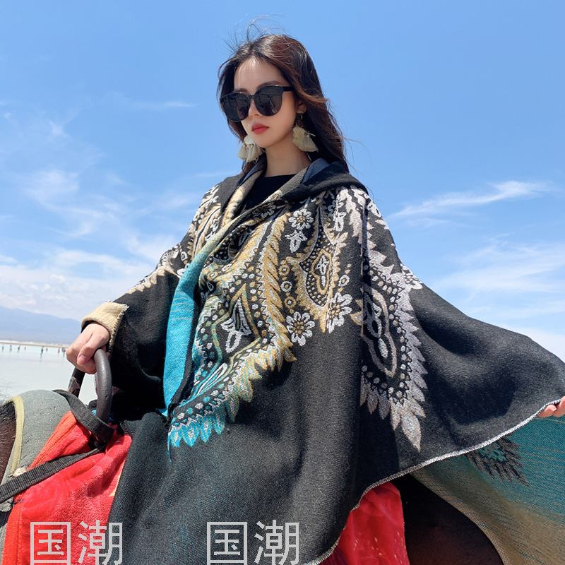 2021 Autumn and Winter Outerwear Hooded Scarf Ethnic Style Cashmere Knitted Coat Travel Photography Cloak Talma Female