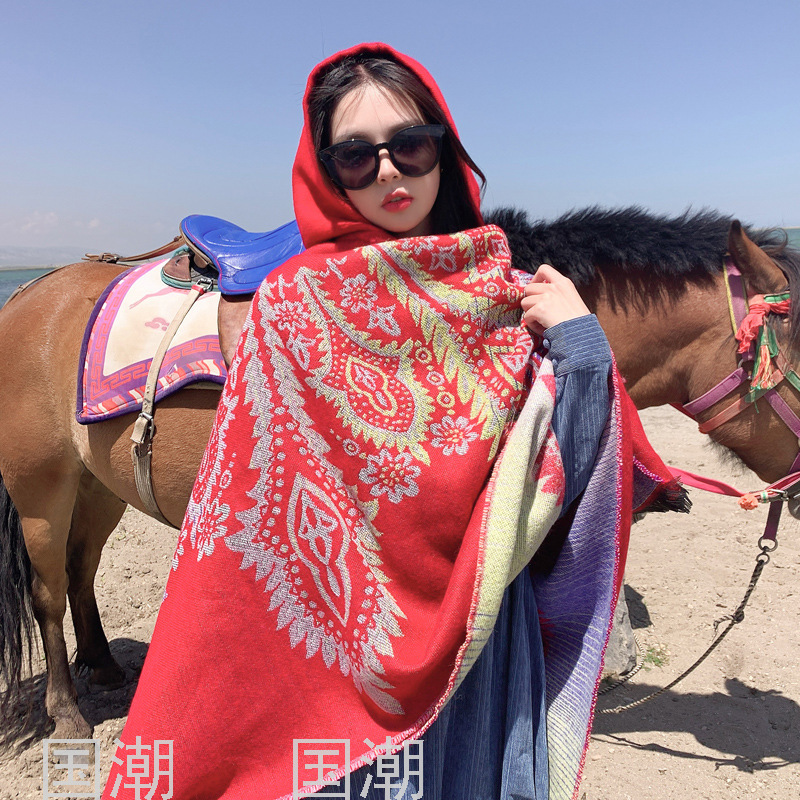 2021 Autumn and Winter Outerwear Hooded Scarf Ethnic Style Cashmere Knitted Coat Travel Photography Cloak Talma Female