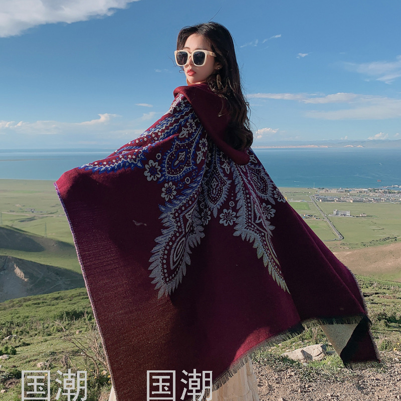 2021 Autumn and Winter Outerwear Hooded Scarf Ethnic Style Cashmere Knitted Coat Travel Photography Cloak Talma Female