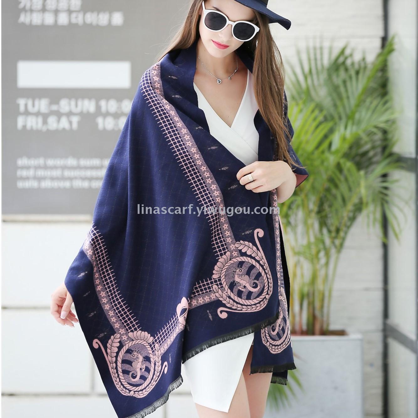 Ethnic Style Jacquard Scarf Seahorse Pattern Loose Beard Warm Shawl