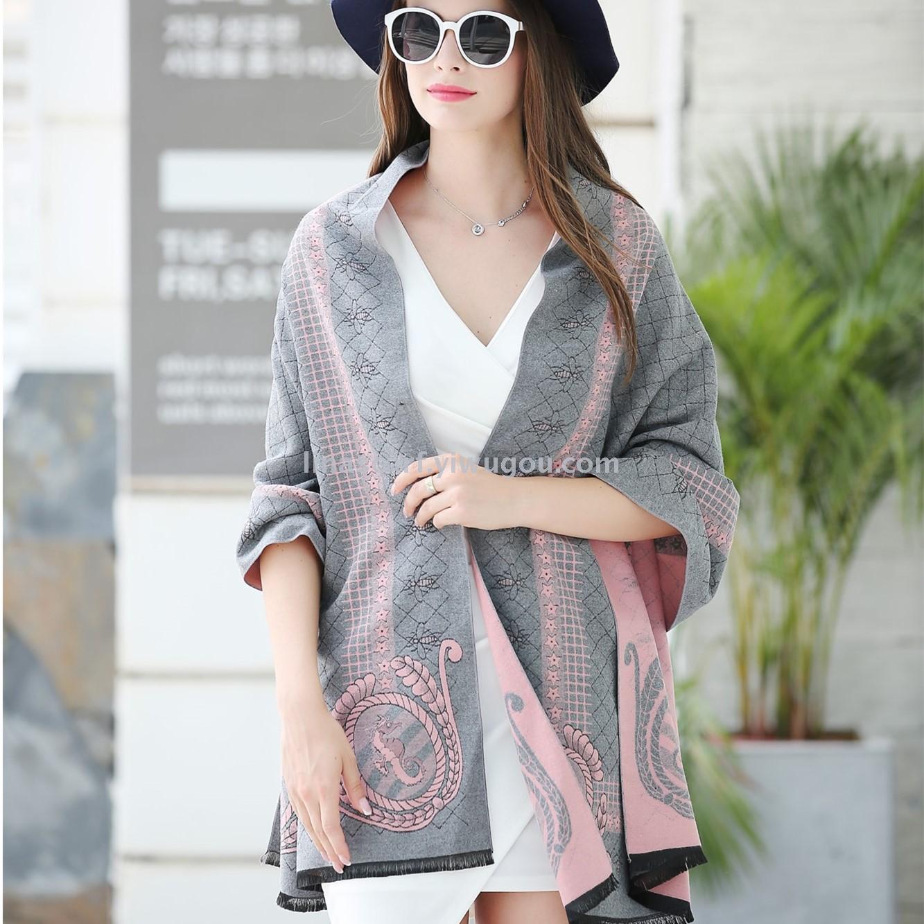 Ethnic Style Jacquard Scarf Seahorse Pattern Loose Beard Warm Shawl