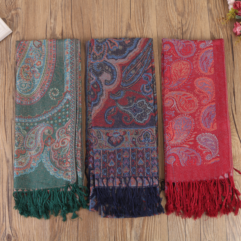 Vintage ethnic floral print colorful pattern tassels scarf multicolor overskirt shawl