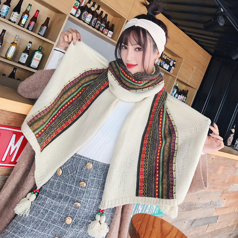 Autumn and Winter Ethnic Style Long Knitted Wool Scarf Women&#039;s Dual-Use Talma Lengthen to Keep Warm Scarf One Piece Dropshipping