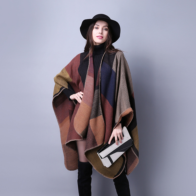 Lattice Ladies Travel Shawl Cashmere-like European and American Foreign Trade Ethnic Style Split Thickened Cape Scarf