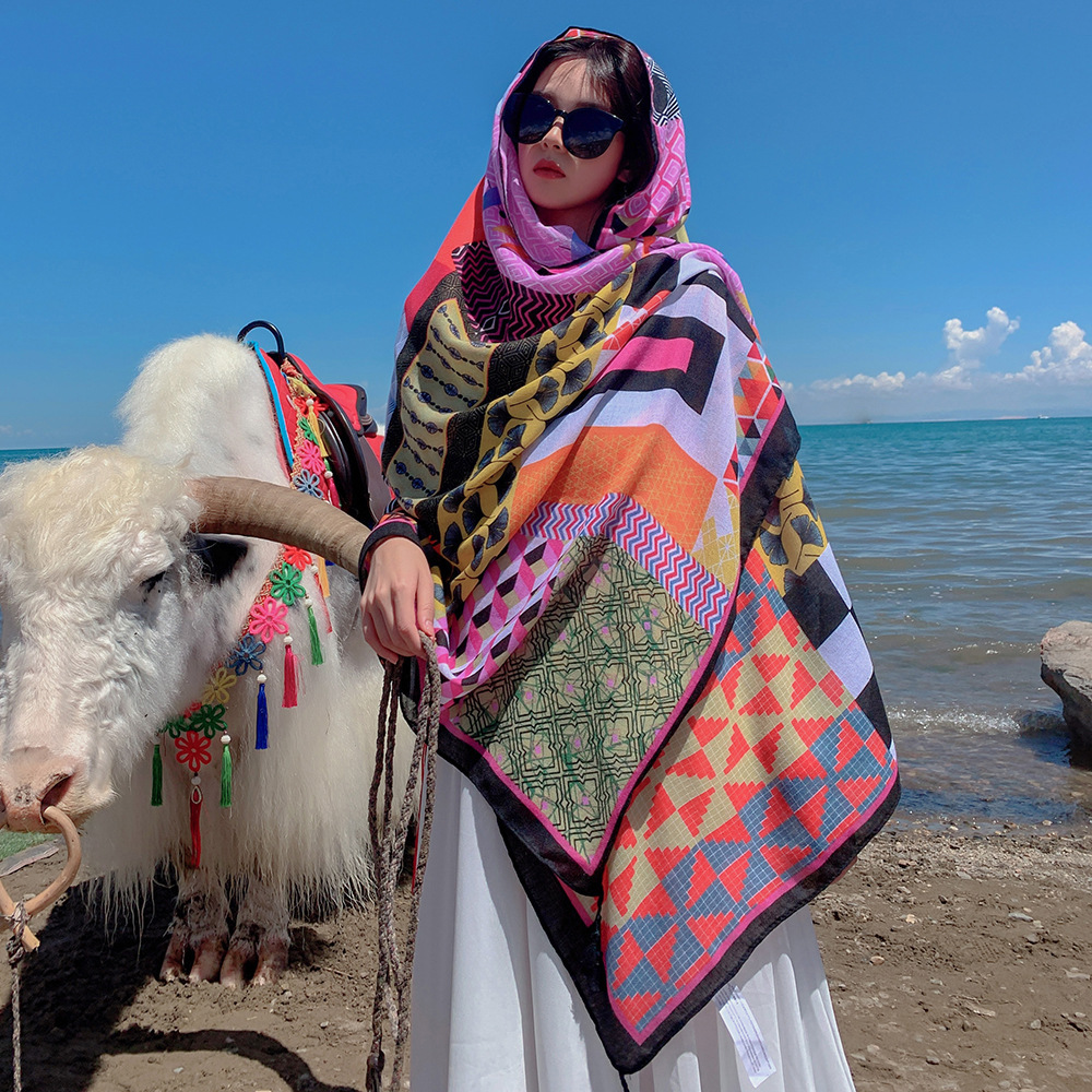 Ethnic Style Travel Silk Scarf Vacation Sun Protection Scarf Air Conditioning Talma Female Beach Scarf Ethnic Scarf