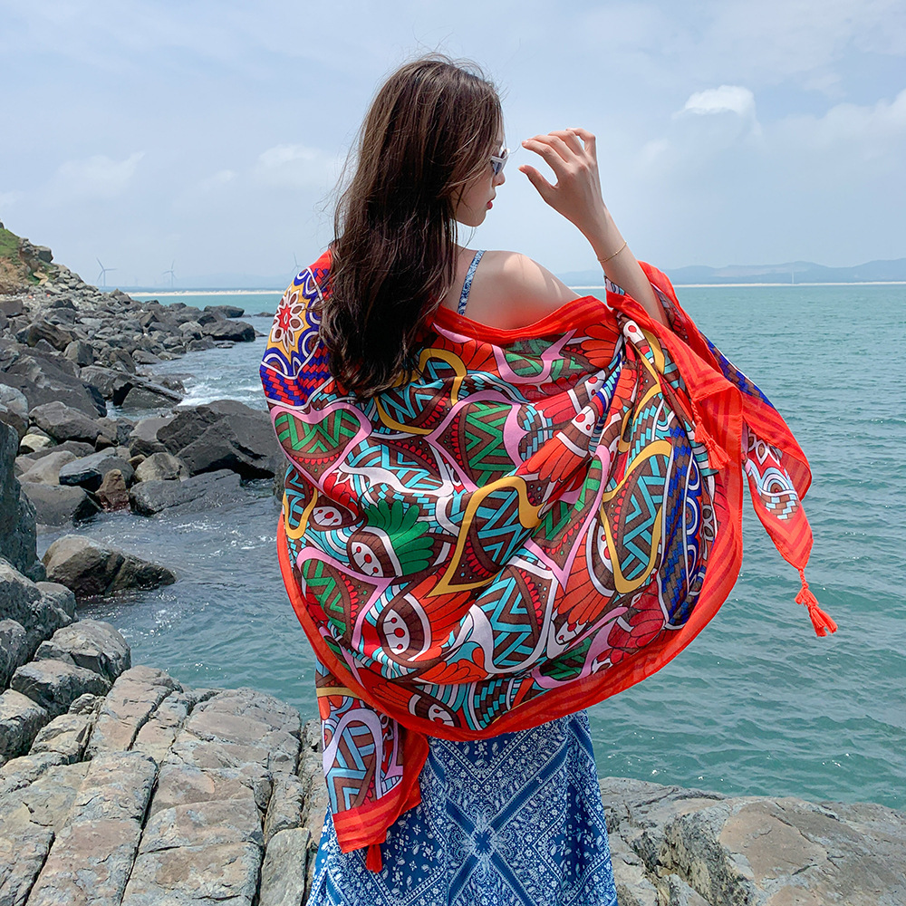 Ethnic Style Travel Silk Scarf Vacation Sun Protection Scarf Air Conditioning Talma Female Beach Scarf Ethnic Scarf
