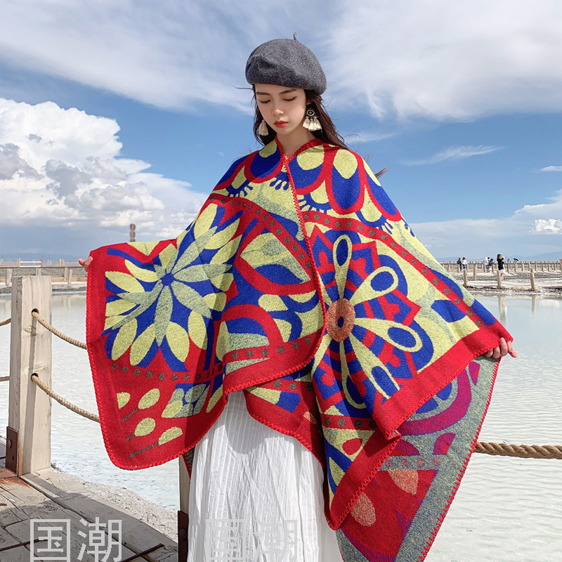2021 Ethnic Style Scarf Women&#039;s Cashmere-like Slit Love Autumn and Winter Outer Wear Sun Protection Hooded Cloak Gift 