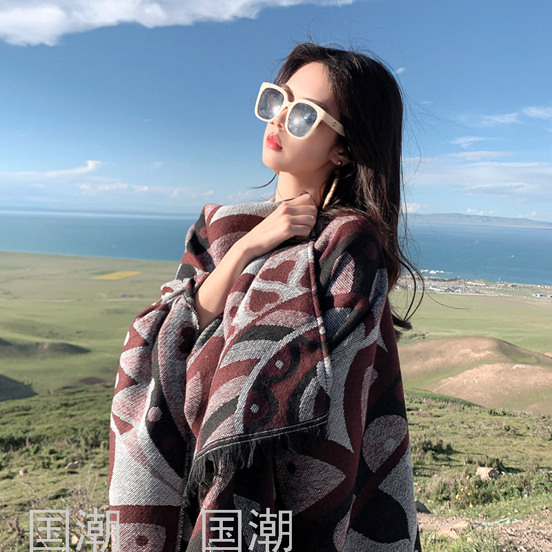 2021 Ethnic Style Scarf Women&#039;s Cashmere-like Slit Love Autumn and Winter Outer Wear Sun Protection Hooded Cloak Gift 