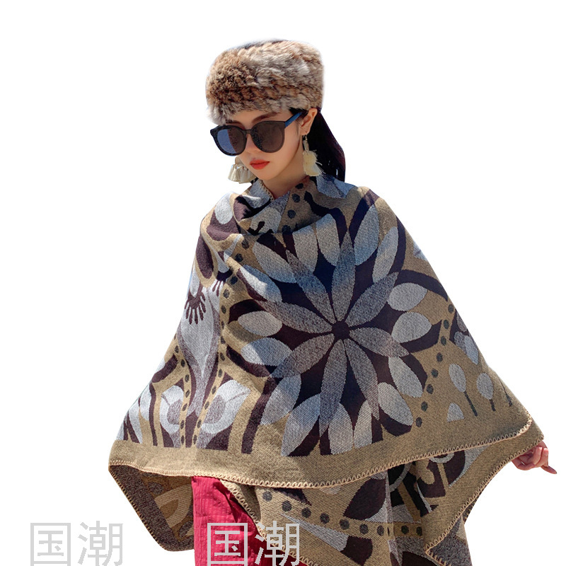 2021 Ethnic Style Scarf Women&#039;s Cashmere-like Slit Love Autumn and Winter Outer Wear Sun Protection Hooded Cloak Gift 