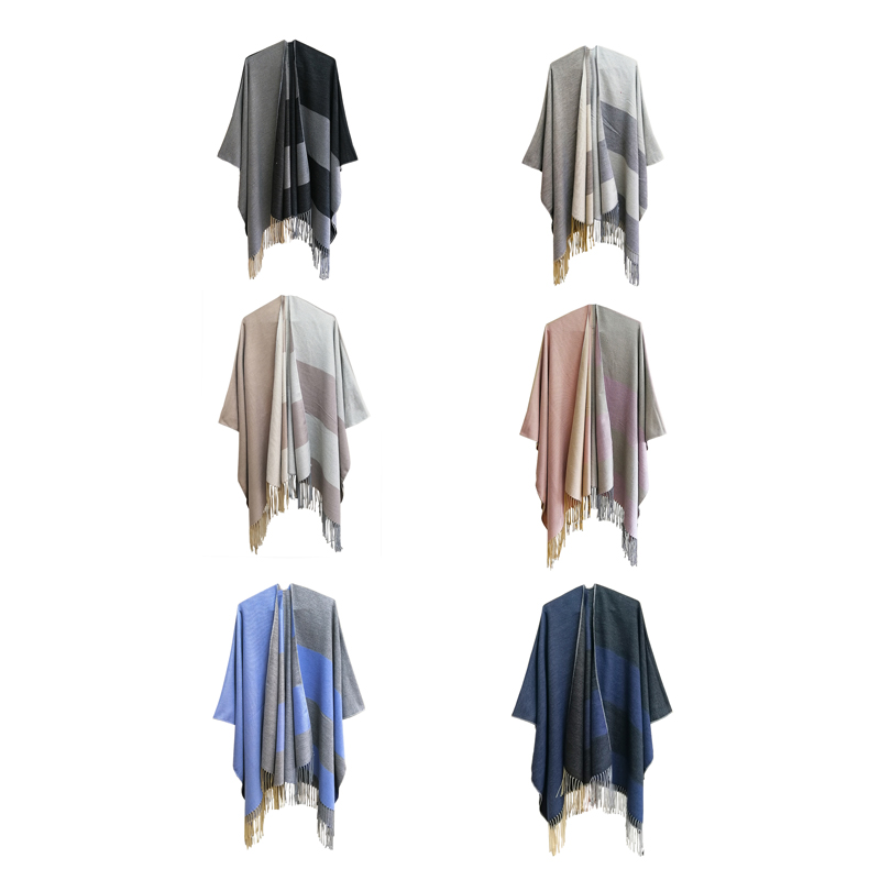 Cross-Border Simple Elegant Striped Slit Shawl Tassel Cape Tr Cotton Autumn and Winter Soft Warm Shoulder Wrap Scarf