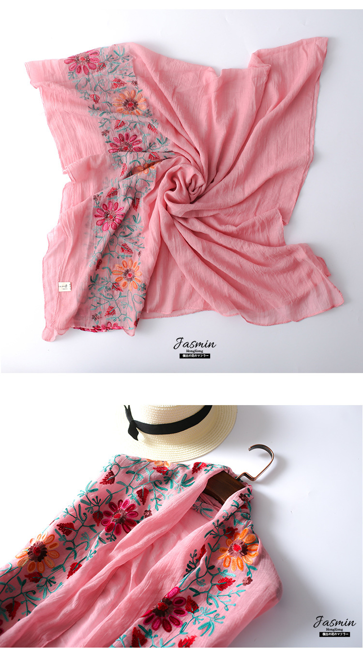 Beach Shawl All-Cotton Kerchief Solid Color Embroidery Embroidery Cotton and Linen Scarf Spring and Autumn Shawl Tr Cotton