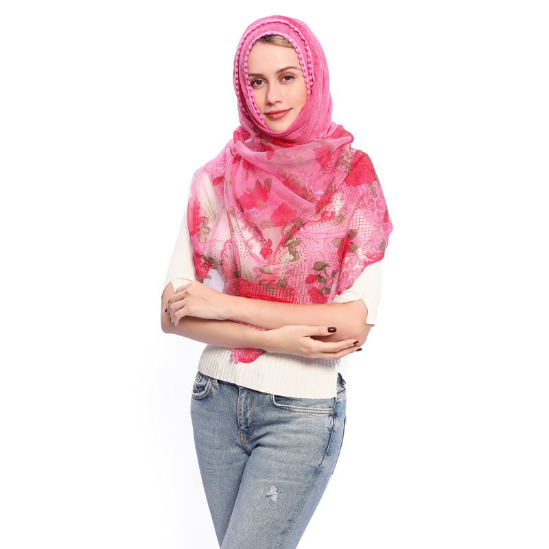 Amazon hot style Muslim headscarf tr cotton lace scarf with pressed bricks and pearls