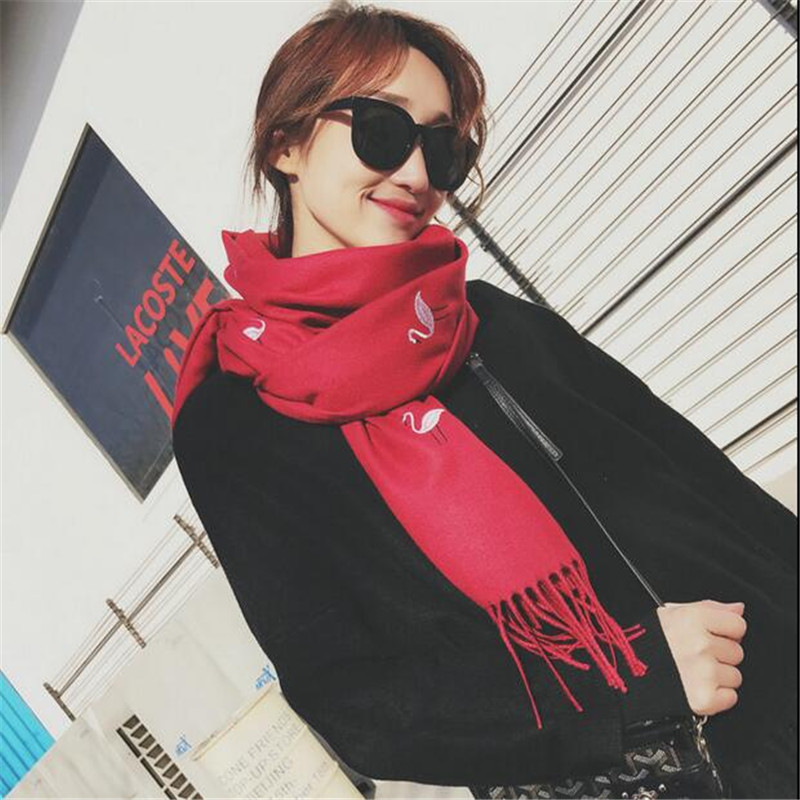 Celebrity Style Autumn and Winter Women&#039;s Korean Crane Embroidery Tassel Solid Color Artificial Cashmere Scarf Air Conditioning Shawl