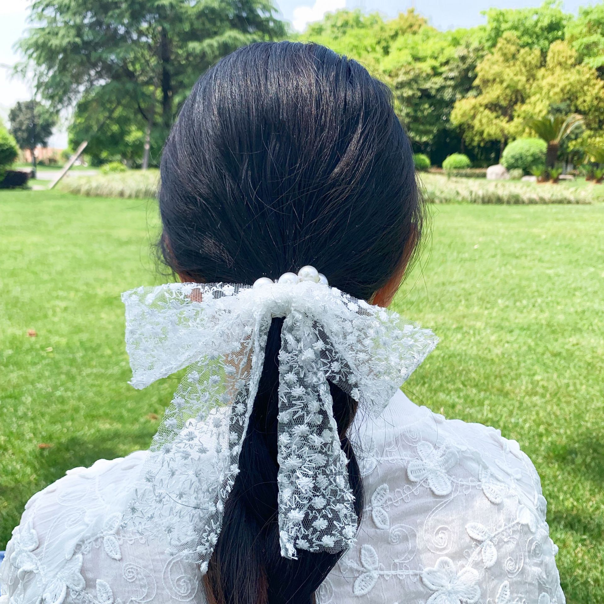Super Fairy Headband Korean Style Graceful Bow Pearl Lace Embroidery Streamer Hair Tie Rope Hair Band Hair Band Silk Scarf Headdress