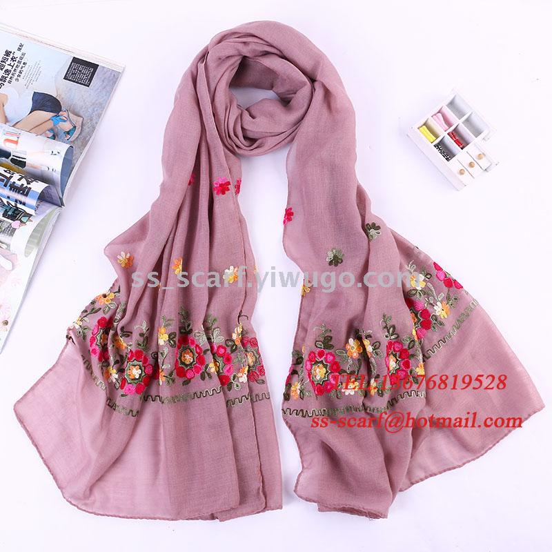 70% Polyester 30% Viscose Embroidery Flower Scarf Floral Shawl Plant tippet head scarf Chinese style have stock