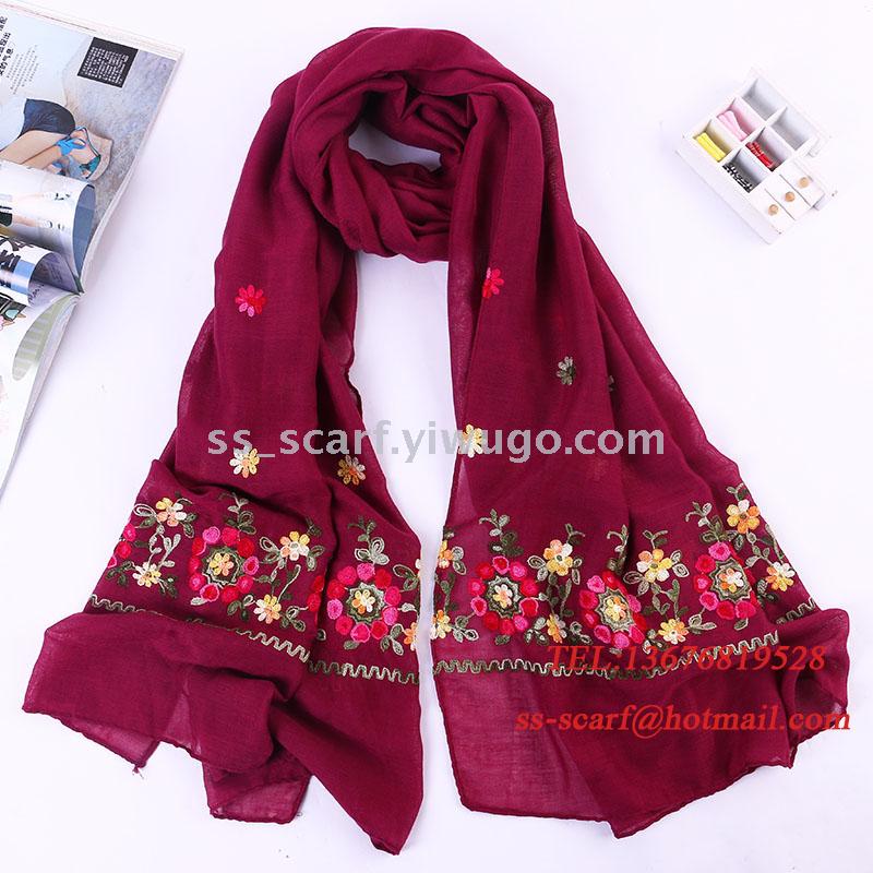 70% Polyester 30% Viscose Embroidery Flower Scarf Floral Shawl Plant tippet head scarf Chinese style have stock