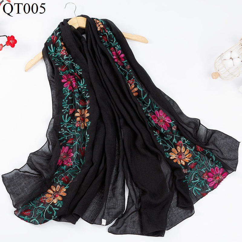 Scarf Women&#039;s Fashion Cotton Vintage Travel Shawl Flower Embroidery Cotton and Linen Scarf Wholesale Embroidery Scarf