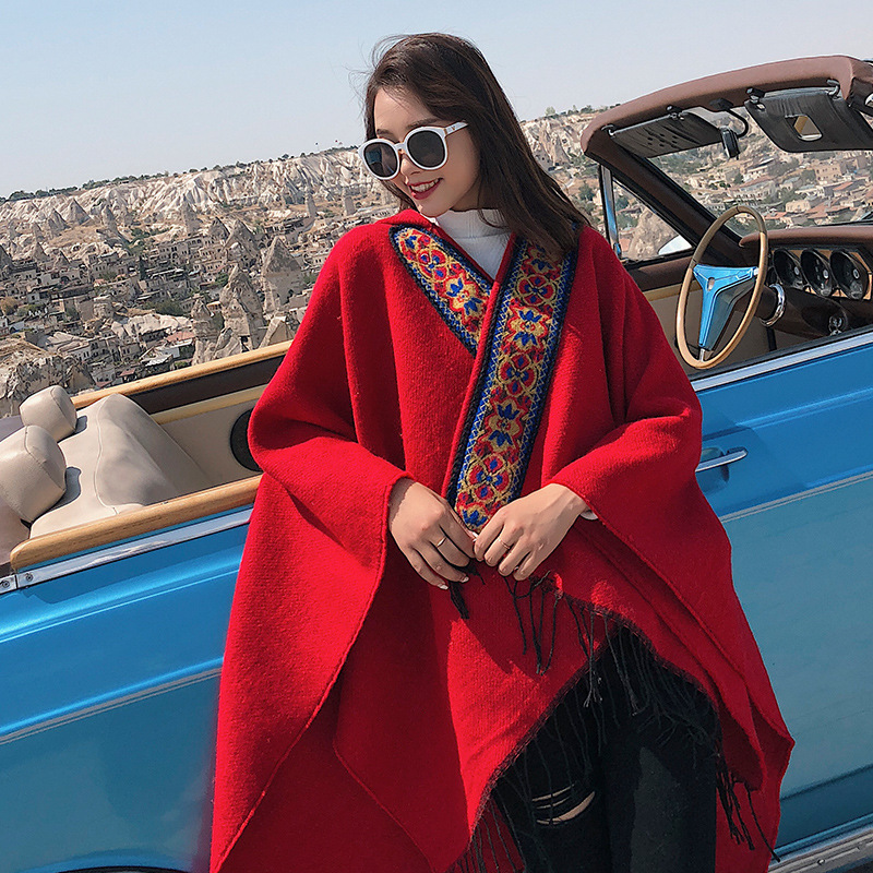 Ethnic Style Autumn and Winter Cashmere-like Warm Scarf Women&#039;s Dual-Use Talma Vintage Embroidery Hoodie Cloak One Piece Dropshipping