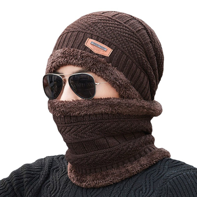 Winter Warm Hat Men and Women Cycling Outdoor Ear Protection Fleece-Lined Thickened Knitting Wool Sleeve Cap Scarf Two-Piece Set