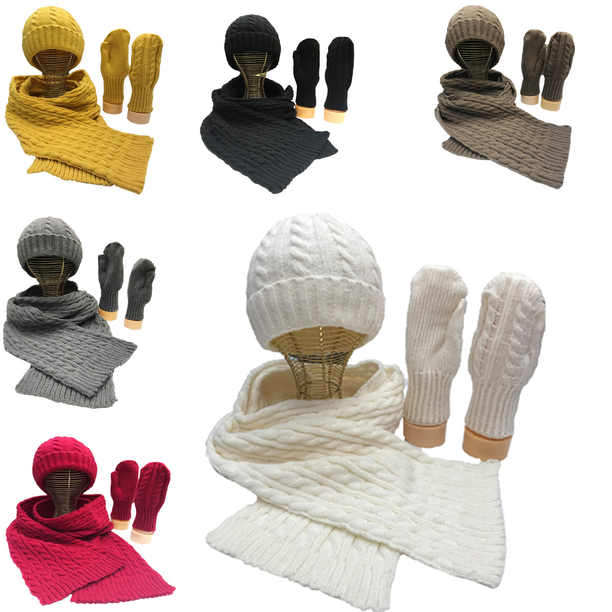 New Small Twist Knitting Hat, Scarf and Gloves Three-Piece Multi-Color Soft Warm Suit Woolen Cap Wholesale