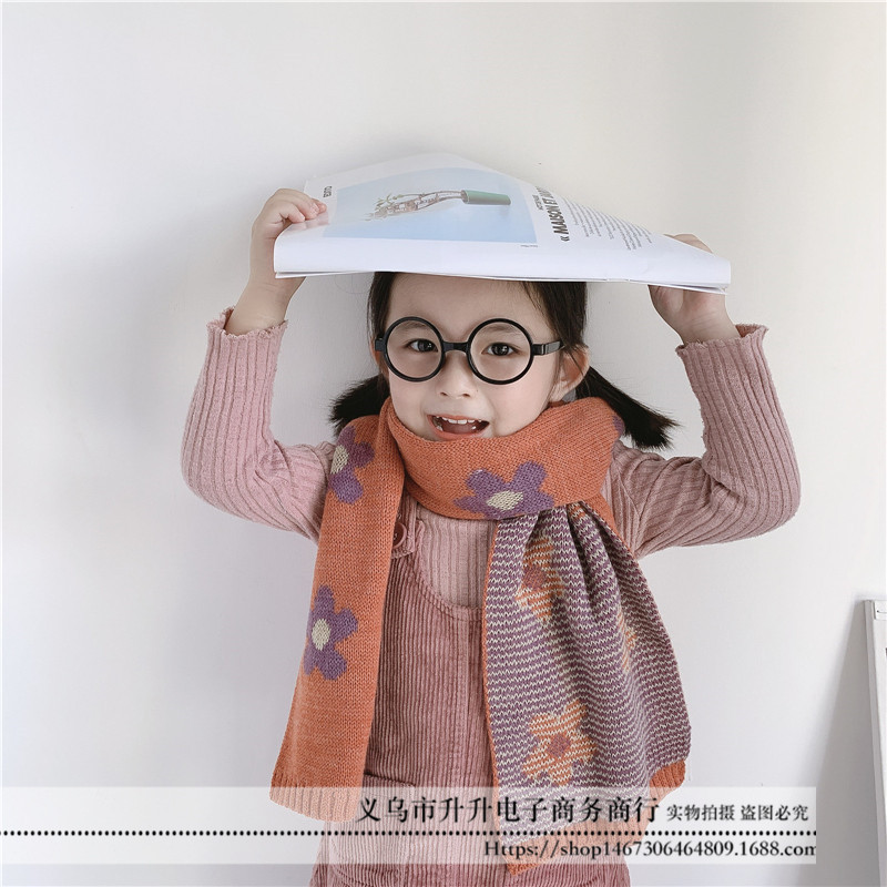 Children&#039;s Wool Scarf Winter New Boys and Girls Korean Chic Elegant Flower Knitted Scarf Baby Bib Knitting Scarf