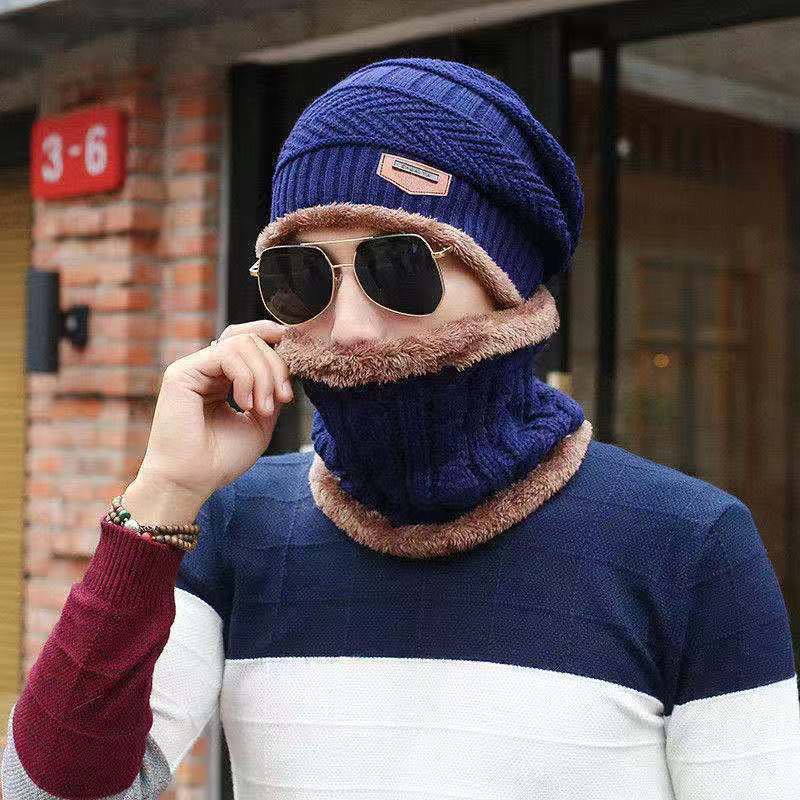 Winter Warm Hat Men and Women Cycling Outdoor Ear Protection Fleece-Lined Thickened Knitting Wool Sleeve Cap Scarf Two-Piece Set