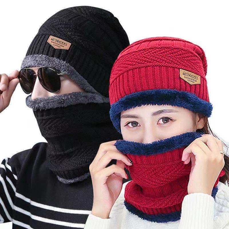 Winter Warm Hat Men and Women Cycling Outdoor Ear Protection Fleece-Lined Thickened Knitting Wool Sleeve Cap Scarf Two-Piece Set