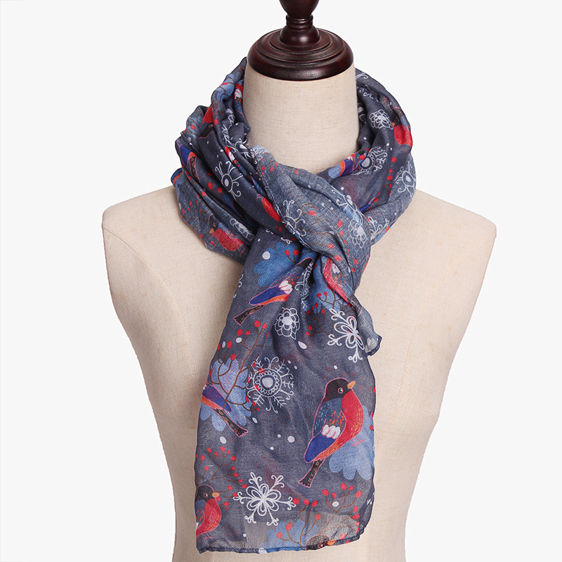 Wholesale New Branch Bird Printing Animal Scarf Cross-Border E-Commerce Exclusive for Men and Women Encrypted Voile Curling Scarf