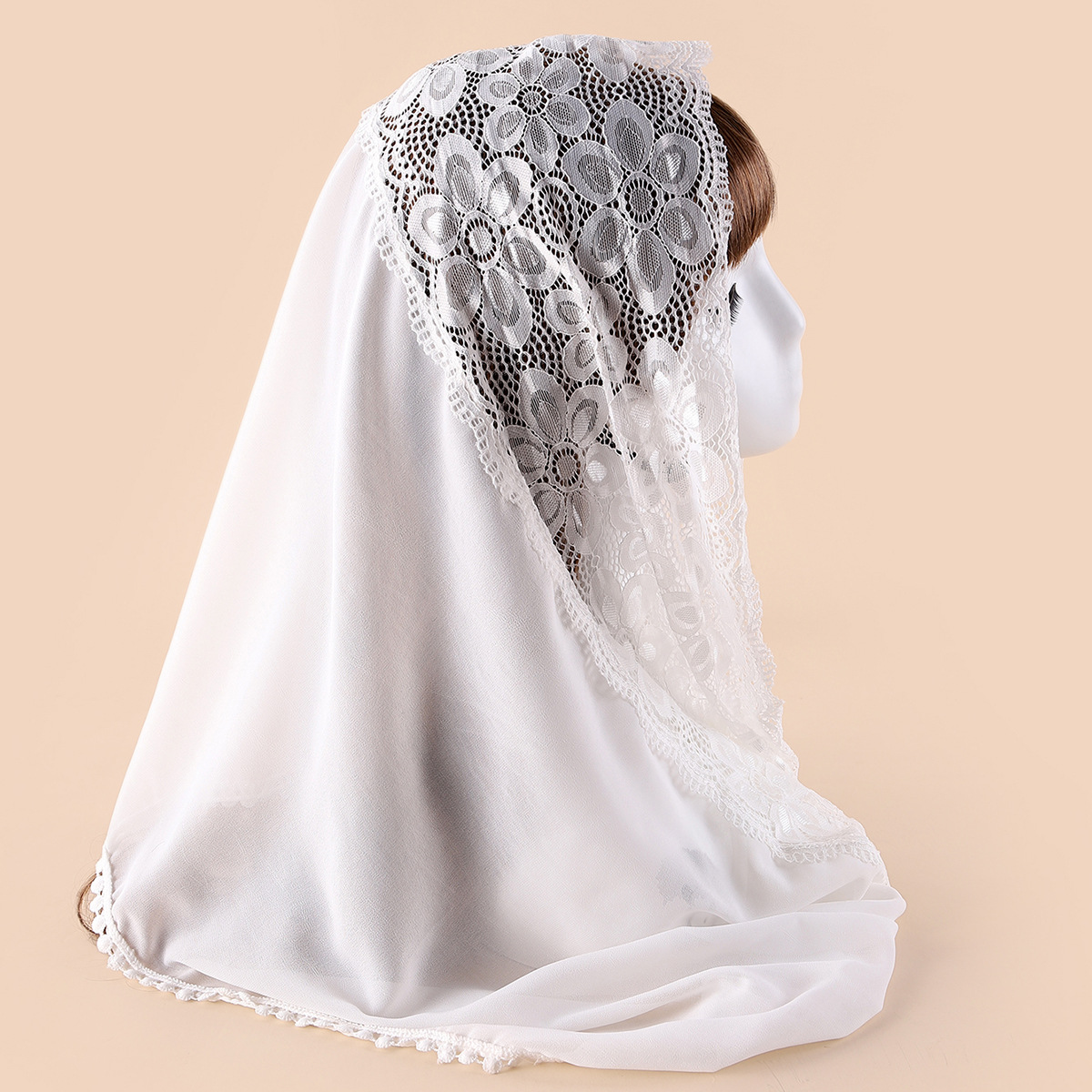Lace Rimless Scarf Women Ivory White Mantila Traditional Catholic Church Veil Bandana Scarf Voile Scarf