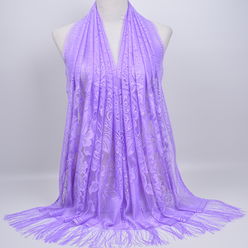 Muslim Scarf Veil Solid Color Lace Hollow Tassel Silk Scarf Women&#039;s Summer Malaysia Long Scarf Shawl Muslim Scarf