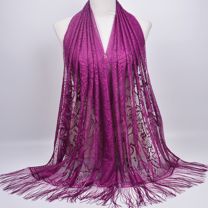 Muslim Scarf Veil Solid Color Lace Hollow Tassel Silk Scarf Women&#039;s Summer Malaysia Long Scarf Shawl Muslim Scarf