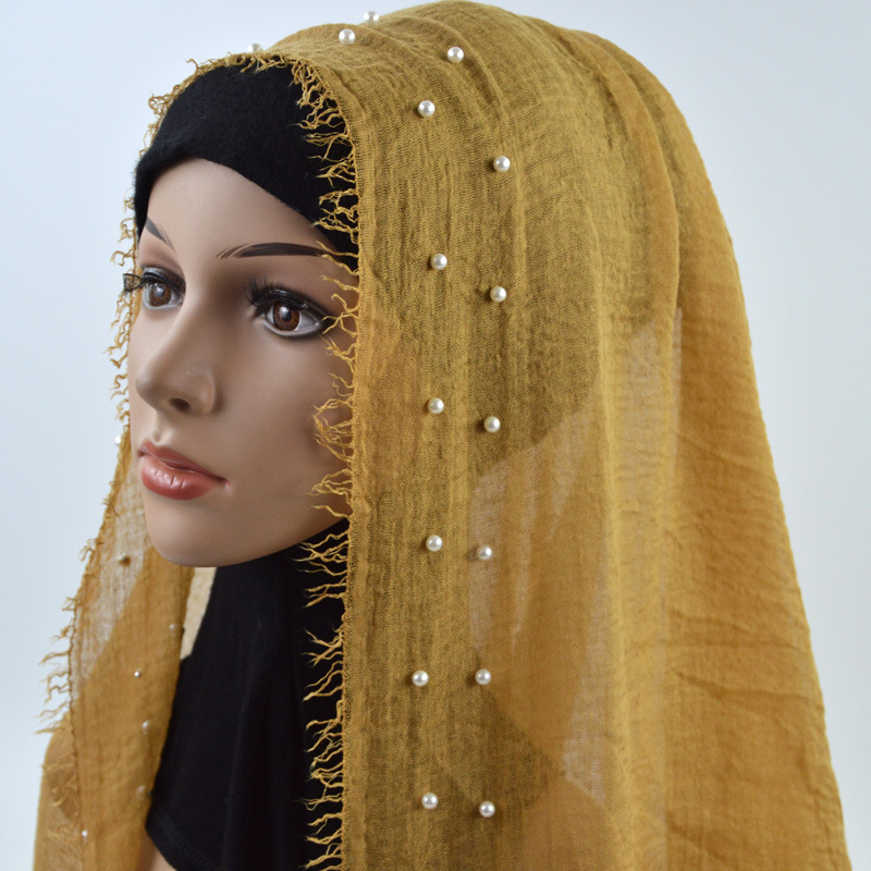 Two Rows White Pearl Monochrome Cotton Linen Pleated Wool Tassel Scarf Solid Color Crumpled Muslim Kerchief Muslim Scarf