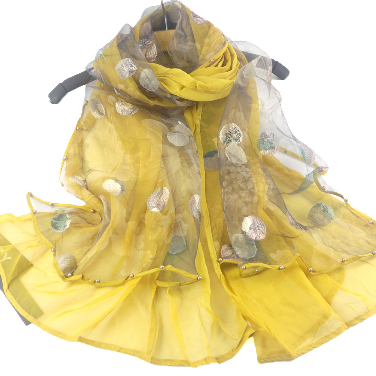 Foreign Trade Beaded Organza Cut Flower Scarf Three-Layer Stitching Polka Dot Long Scarves Chiffon Printed All-Matching Dual-Use Shawl
