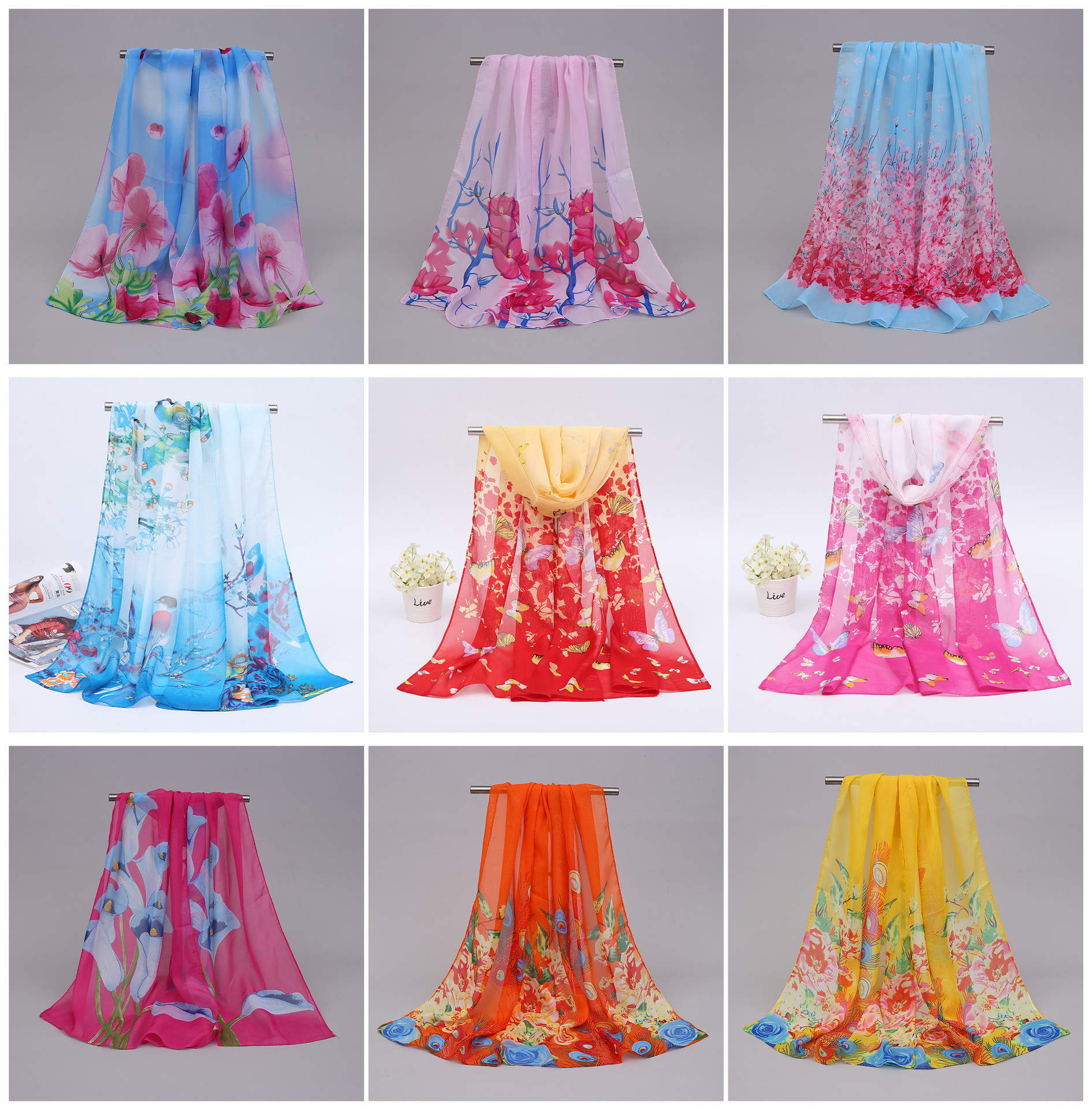 New Yiwu Printed Chiffon Long Scarves Wholesale Spring and Summer All-Match Scarf Small Gauze Kerchief Chiffon Scarves