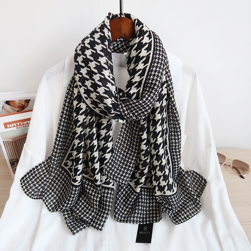 Women&#039;s Long Houndstooth Cotton and Linen Scarf, Vacation Sun Protection Long Scarves Scarf Shawl