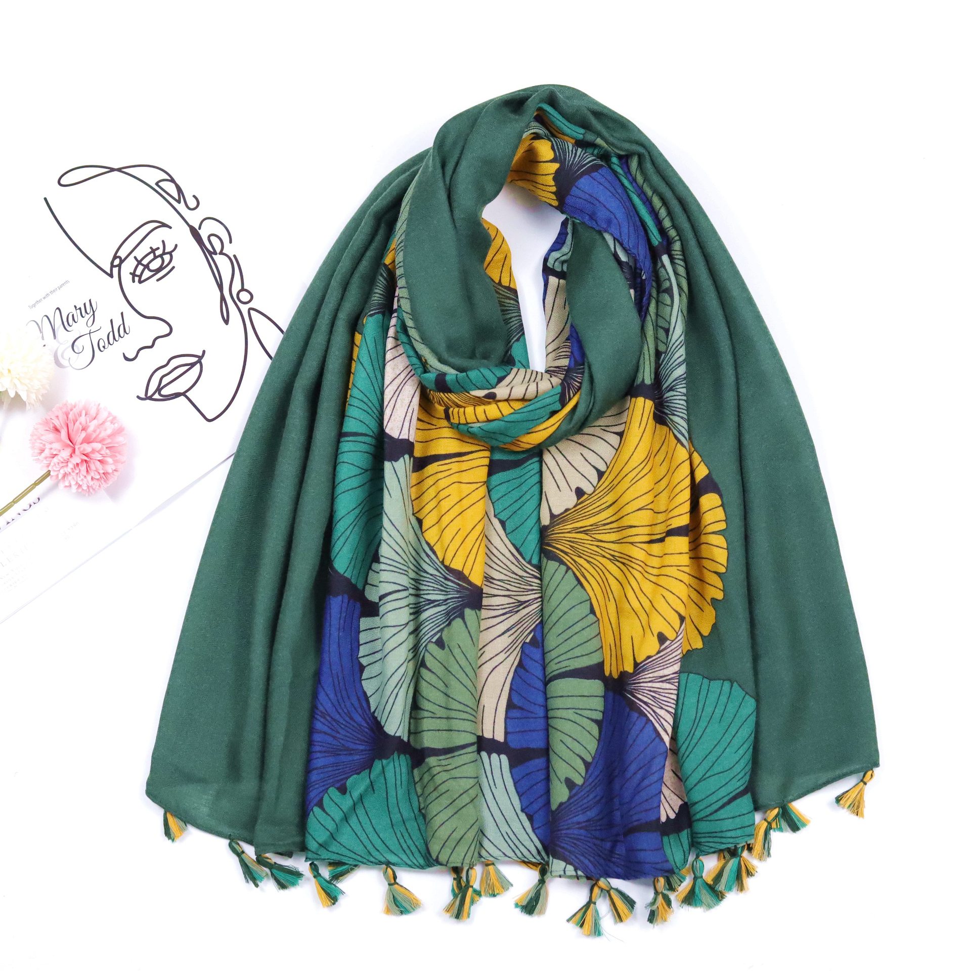  Feel Fashionable Vintage Ginkgo Leaf Printed Tassel Scarf Long Scarf Shawl Literary Style Scarf Cotton Linen Scarves