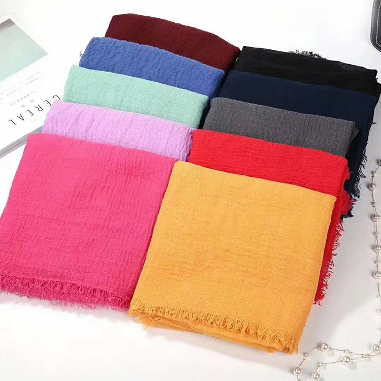  Wholesale New Viscose Yarn Bark Ruffled Monochrome Cotton and Linen Scarf Women&#039;s Shawl Cotton Linen Scarves