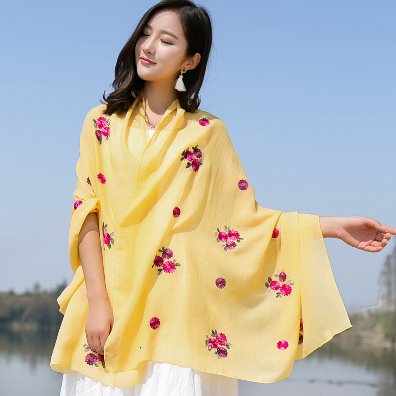 Cotton Linen Scarves  Flower Embroidered Cotton and Linen Scarf Monochrome Embroidered Warm Scarf Shawl for Women