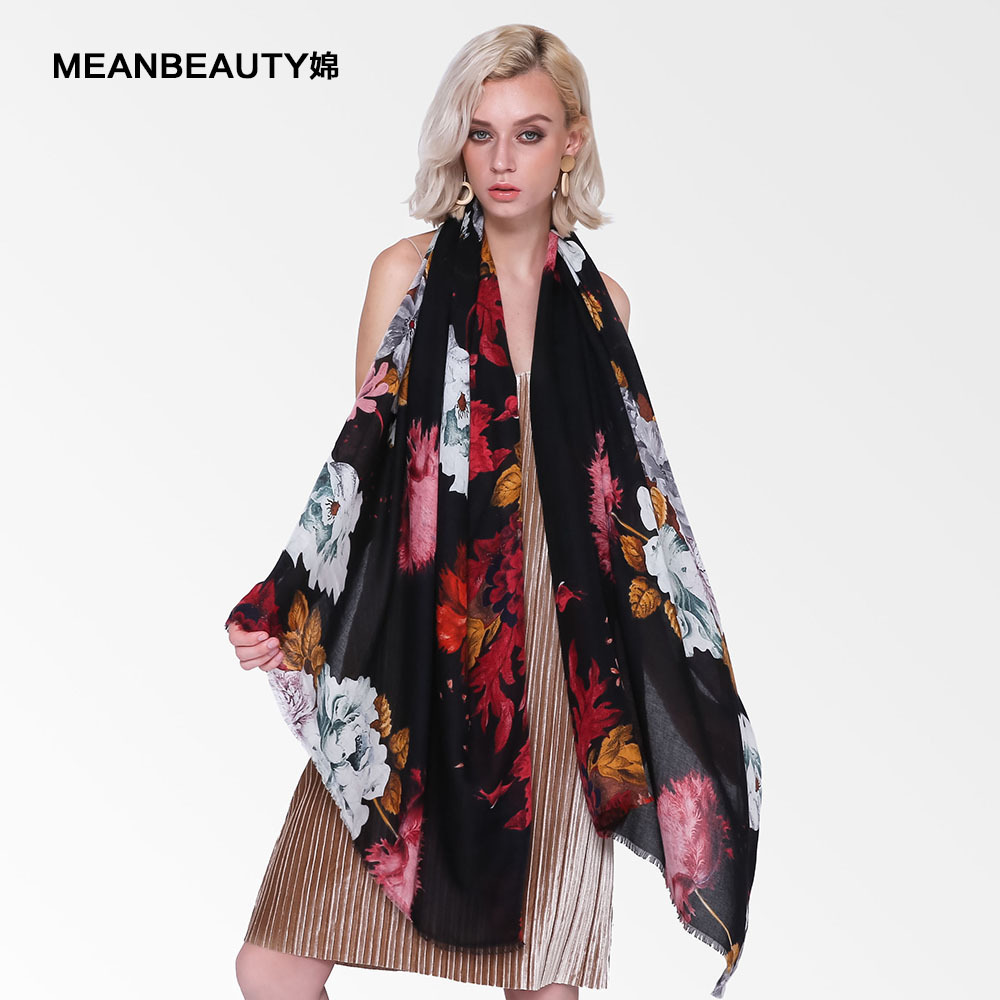 Satin Peony Pattern Women&#039;s Scarf 2021 Autumn and Winter New Cotton and Linen Scarf in Stock Wholesale Chiffon Scarves