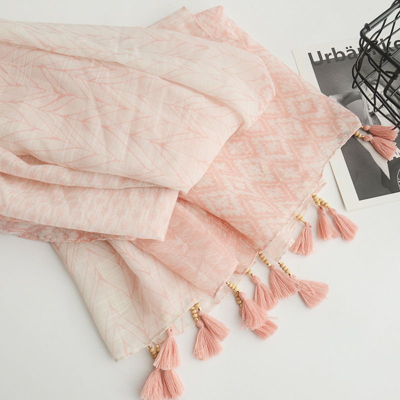 Scarf Foreign Trade Original Single Handmade Wooden Bead Tassel Decorative Scarf Large Gauze Scarf Cotton Linen Scarves